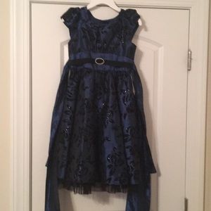 Dark blue and black silk dress with velvet flowers